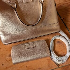 Metallic Gold Tote Handbag with Matching Wallet